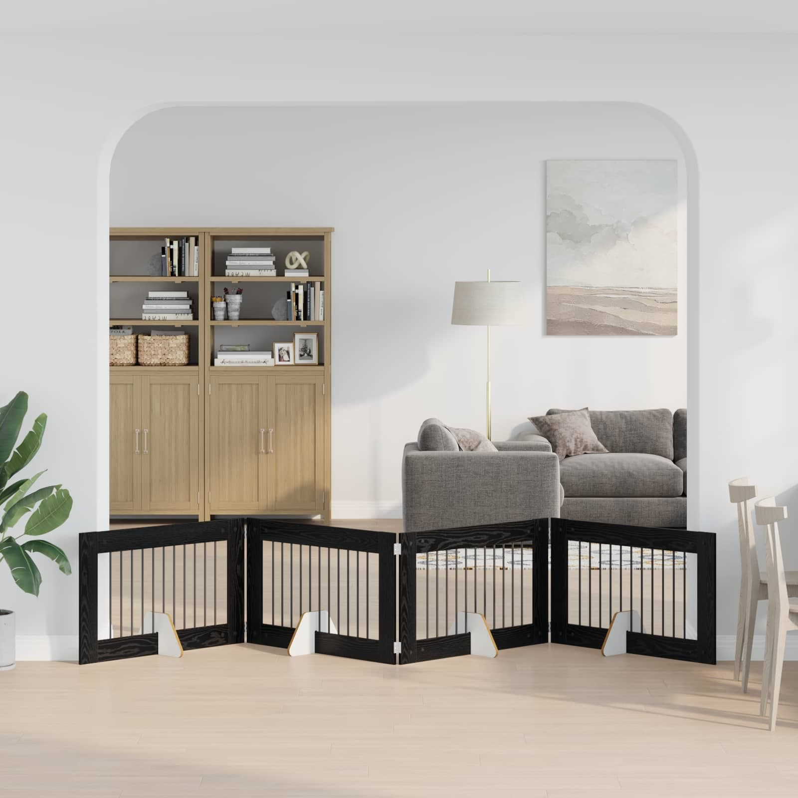 Cancello per cani pieghevole con supporti 4 pz Rovere Nero — miniatura 1 di 9
