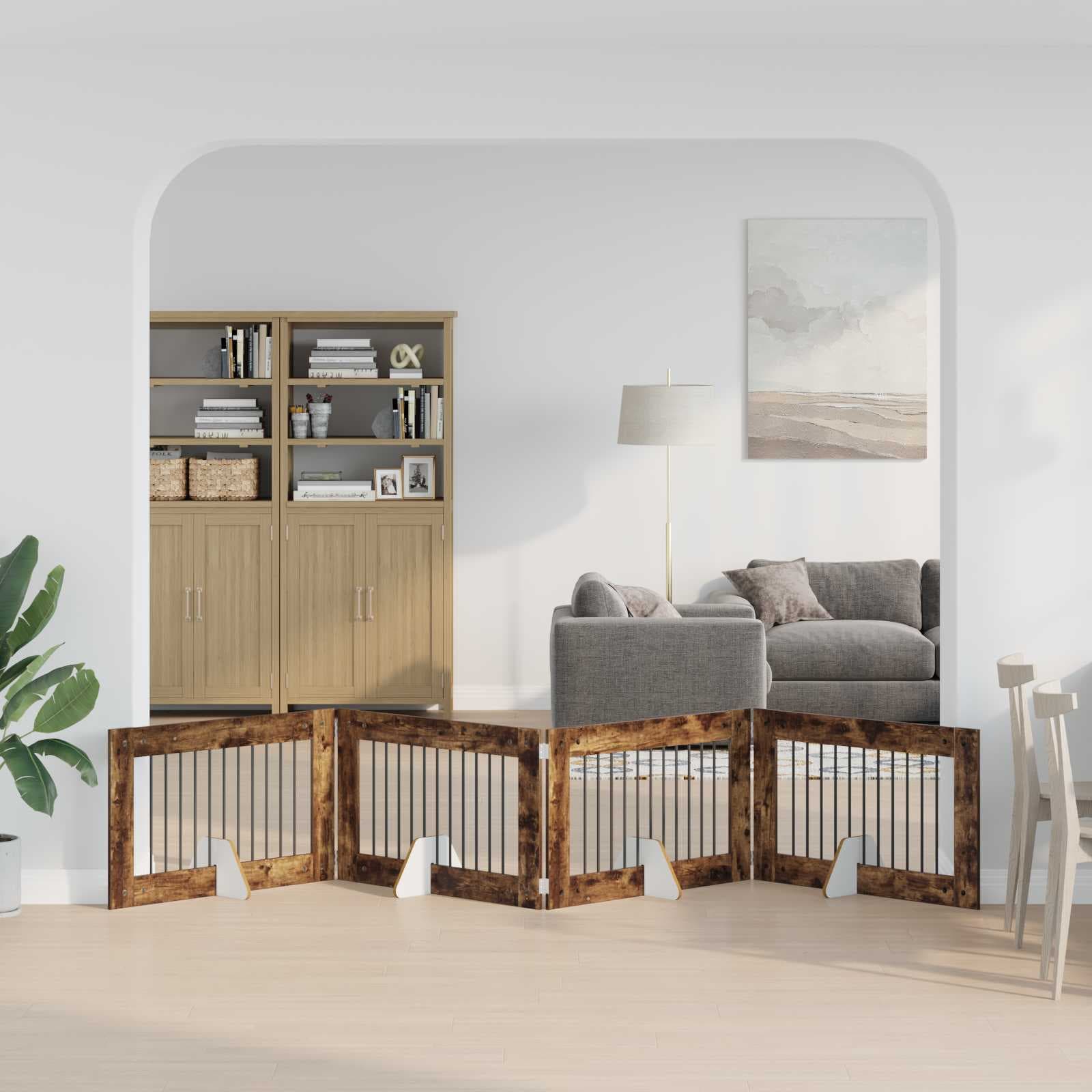 Cancello per cani pieghevole con supporti 4 pz Rovere Fumo — miniatura 1 di 9