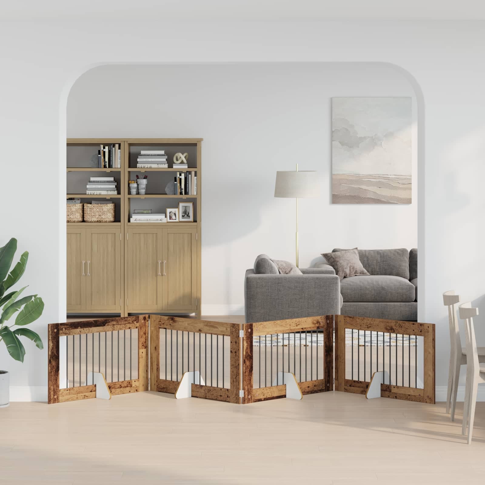Cancello per cani pieghevole con supporti 4 pz Legno antico — miniatura 1 di 9