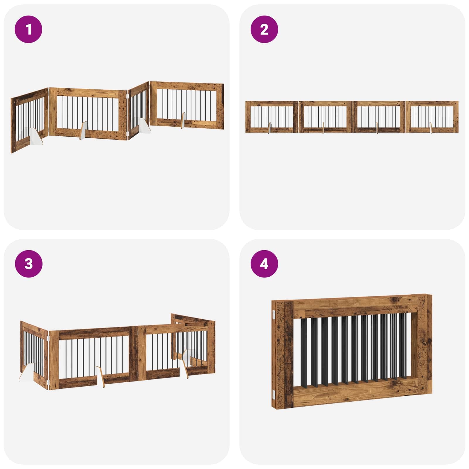 Cancello per cani pieghevole con supporti 4 pz Legno antico — miniatura 7 di 9