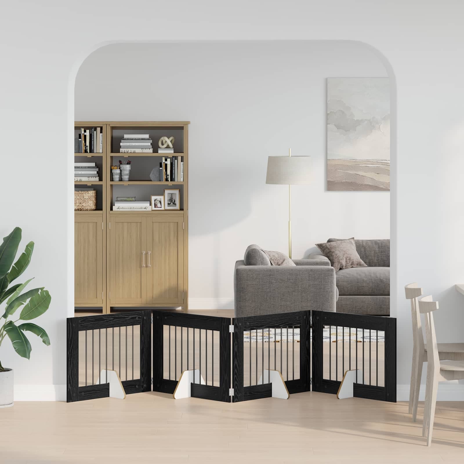 Cancello per cani pieghevole con supporti 4 pz Rovere Nero — miniatura 1 di 9
