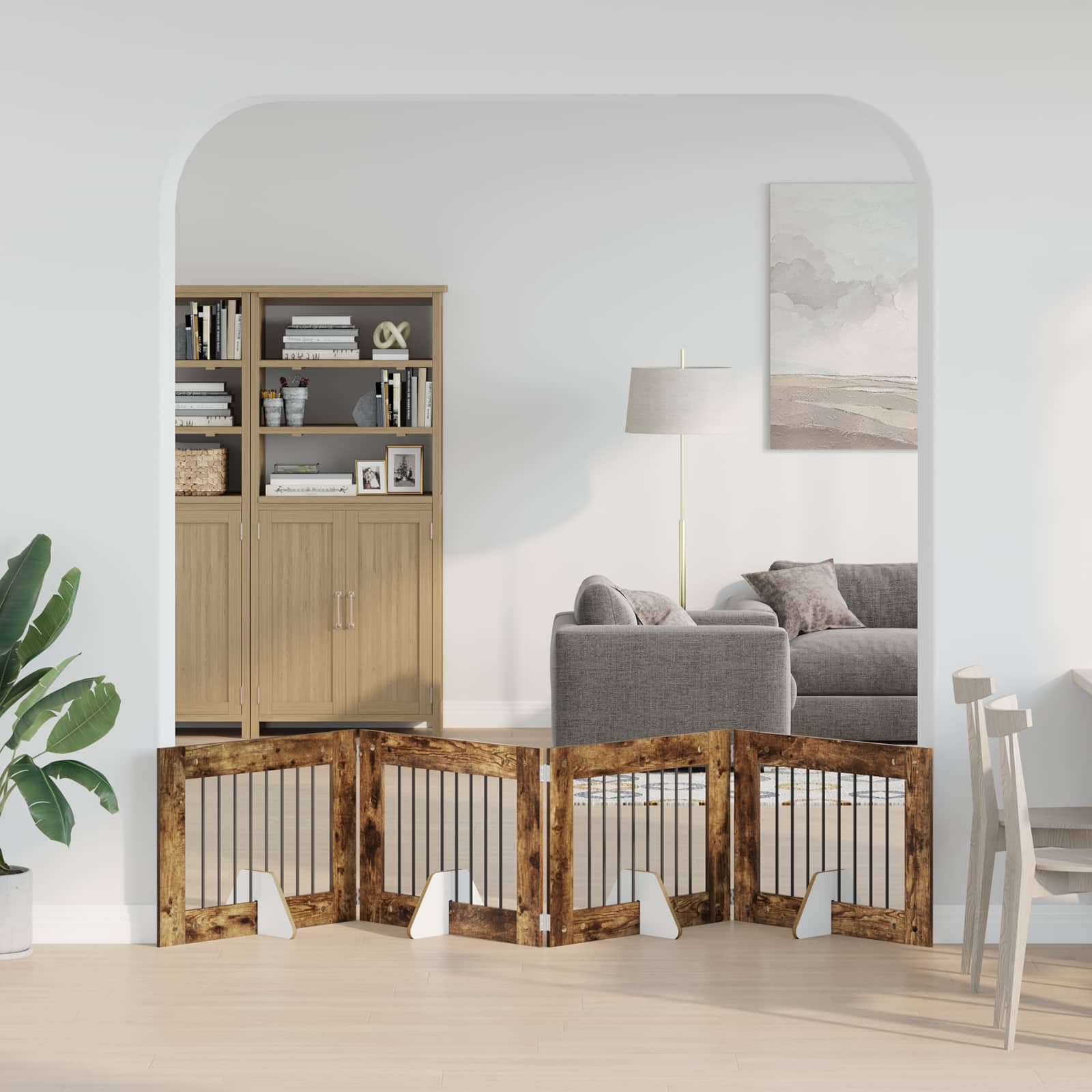 Cancello per cani pieghevole con supporti 4 pz Rovere Fumo — miniatura 1 di 9