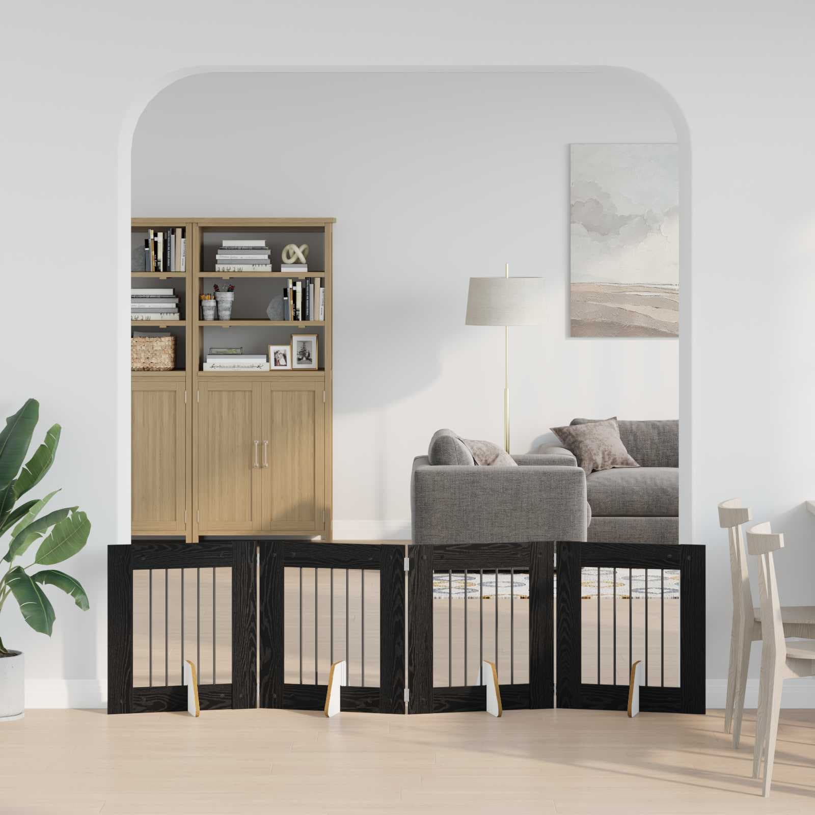 Cancello per cani pieghevole con supporti 4 pz Rovere Nero — miniatura 1 di 9