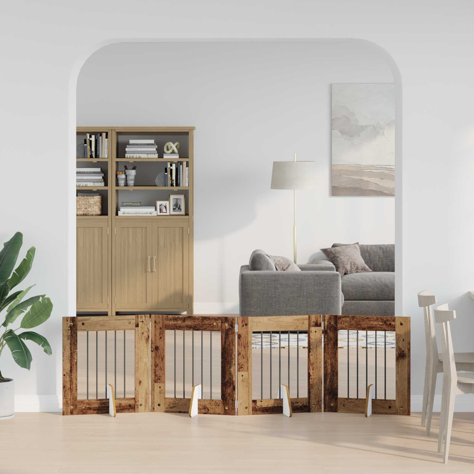 Cancello per cani pieghevole con supporti 4 pz Legno antico — miniatura 1 di 9