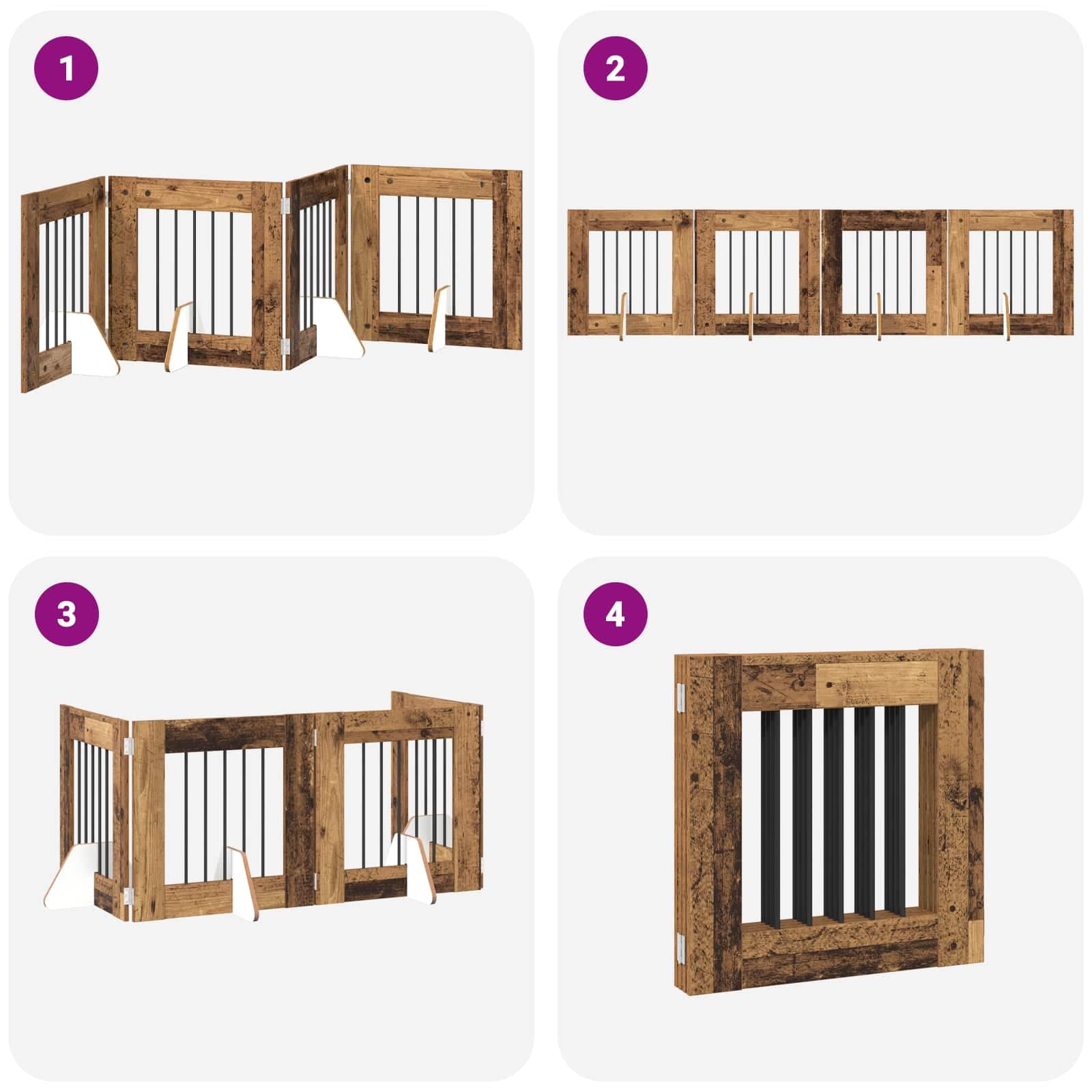 Cancello per cani pieghevole con supporti 4 pz Legno antico — miniatura 7 di 9