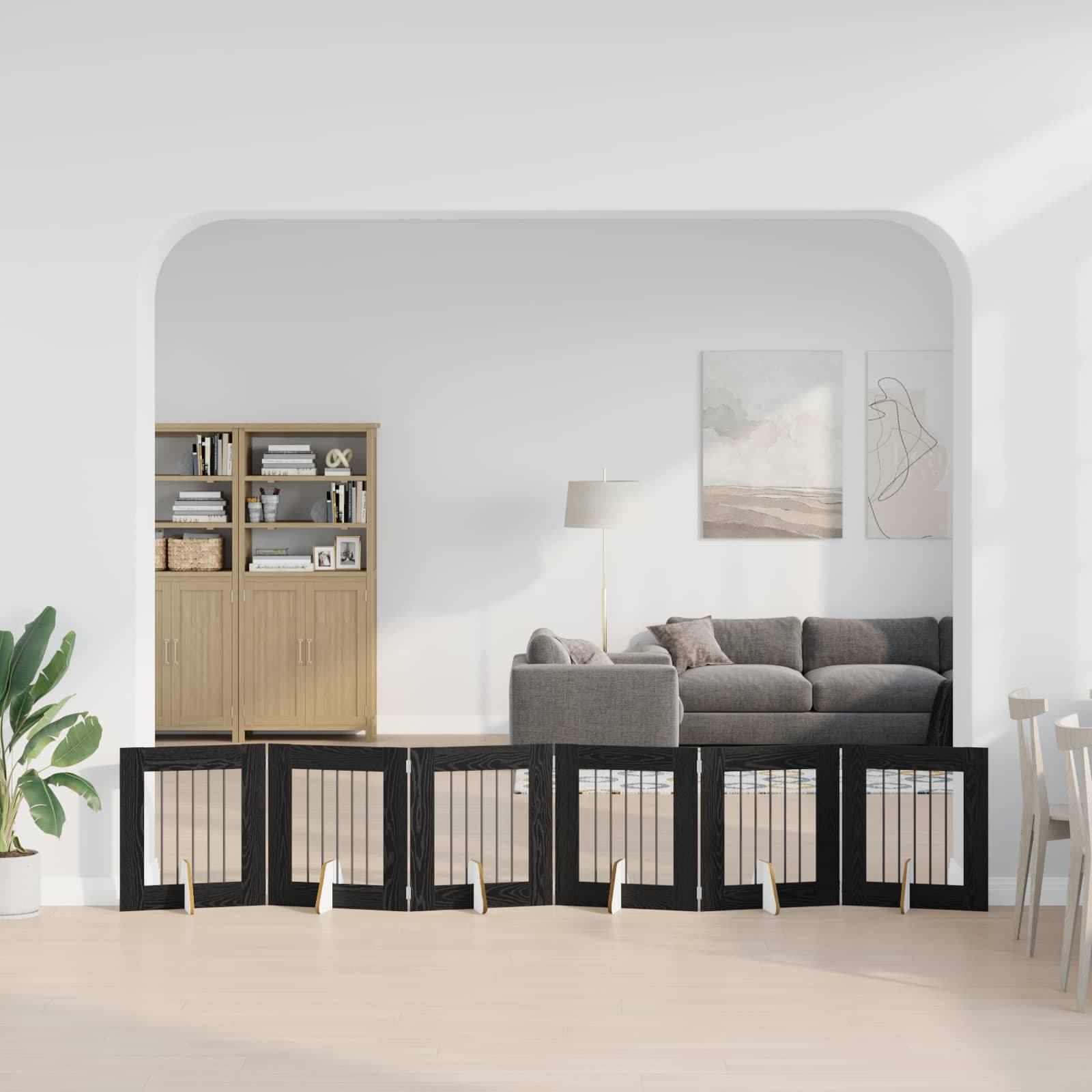 Cancello per cani pieghevole con supporti 6 pz Rovere Nero — miniatura 1 di 9