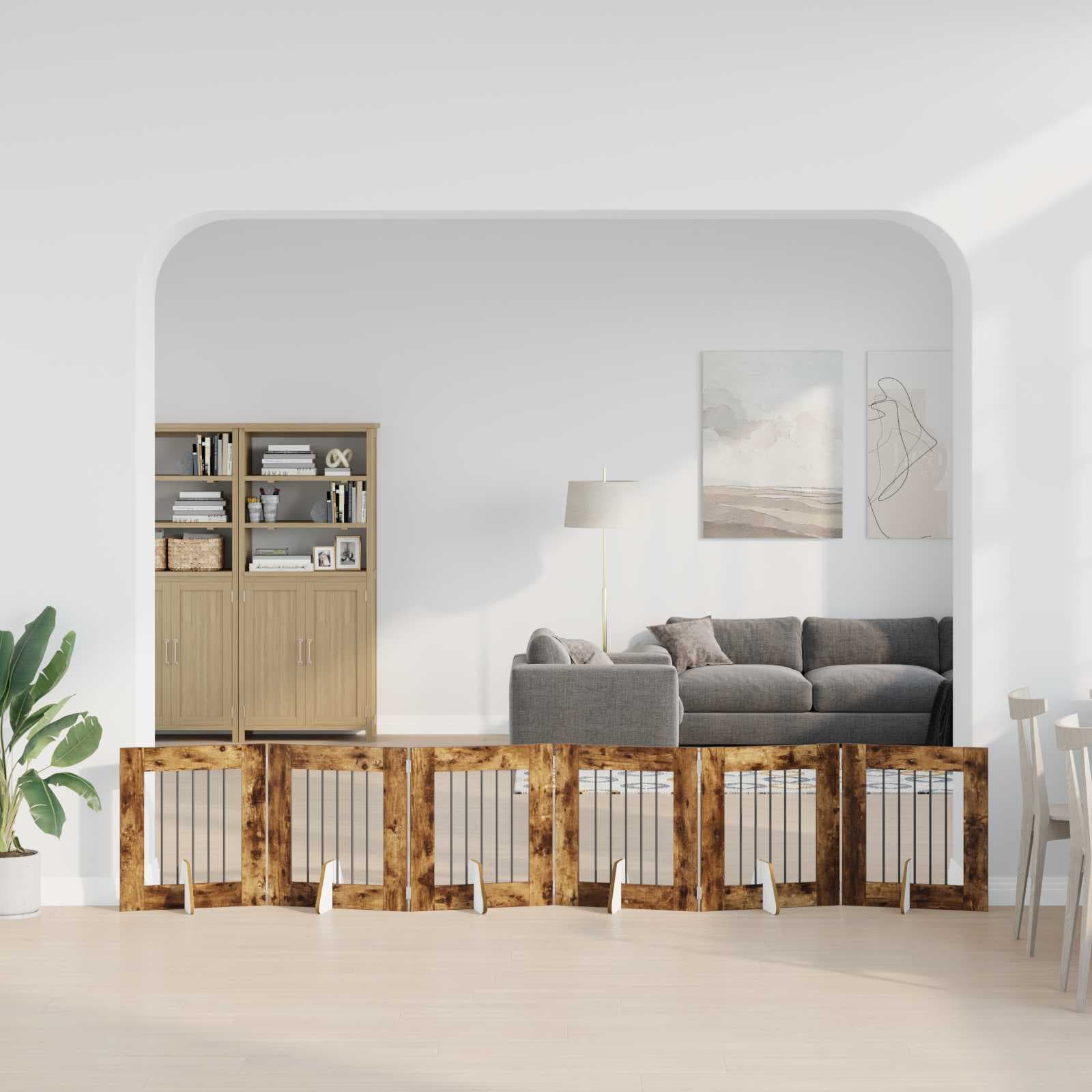 Cancello per cani pieghevole con supporti 6 pz Rovere Fumo — miniatura 1 di 9