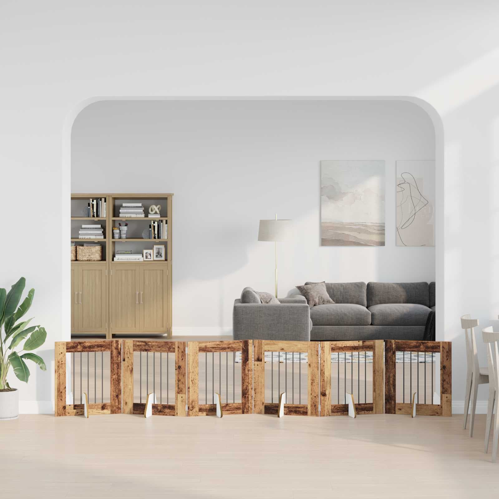 Cancello per cani pieghevole con supporti 6 pz Legno antico — miniatura 1 di 9