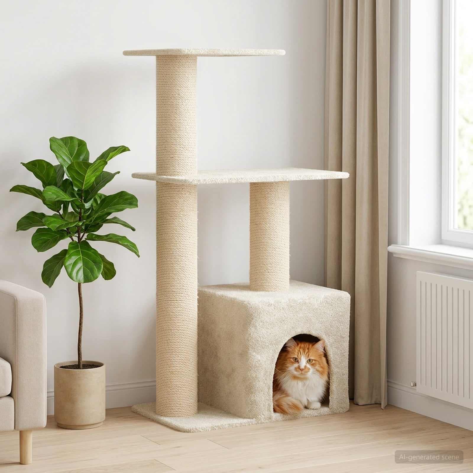 Albero per gatti con pali per graffiare in sisal Crema 133 cm — miniatura 1 di 9